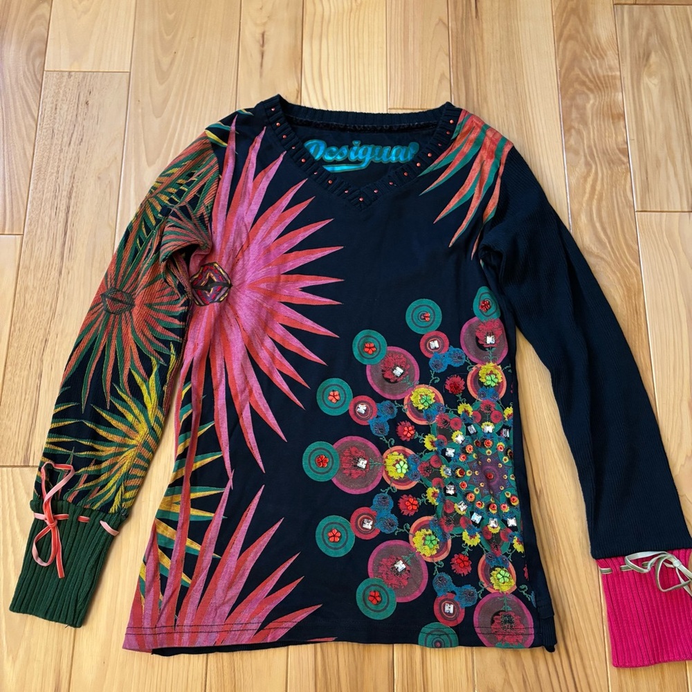 Y2K Desigual Multicolor Floral Embellishments Long Sleeve Cotton Top